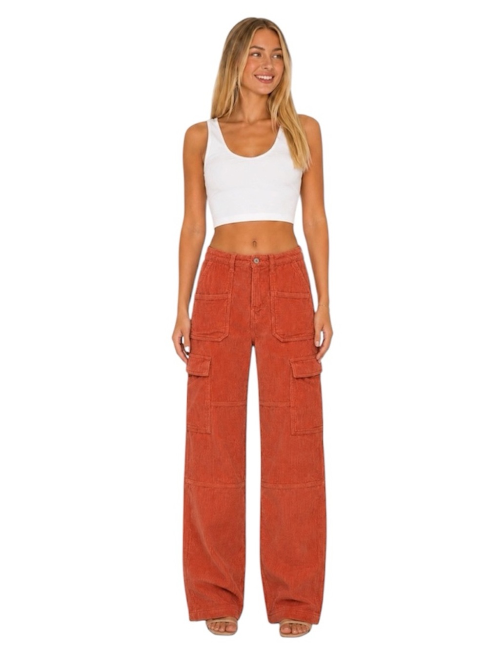 BP Nordstrom Orange Corduroy Cargo Pants High Rise Wide Leg Size 26